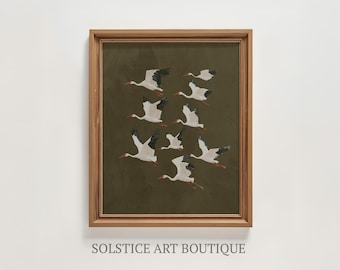 Vintage Flock Of Storks Print | Moody Dark Muted Tonal Print | Digital Download | Solstice Art Boutique