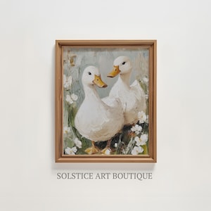 Pintura vintage de patos brancos | Impressão de patos antigos para download | Cottagecore | Decoração de primavera fofa para casa de campo | Impressão vintage de cozinha de primavera