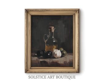 Impressão de arte de cozinha temperamental | Pintura a óleo vintage | Natureza morta com azeite de oliva | Arte do solstício
