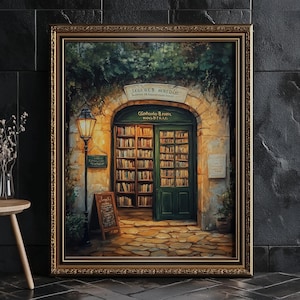 May include: A painting depicting a bookshop with a green door and shelves filled with books. The sign above the door reads "Gohula Book & Coffee".