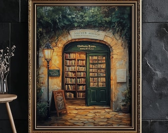 May include: A painting of a bookstore with a green door and shelves full of books. The sign above the door reads "Gohula Book & Coffee".