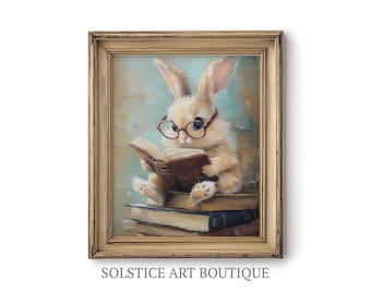 Vintage Cute Little Easter Bunny Reading Antique Book Print | Printable Wall Decor | Adorable Spring Soft Colors Nursery Downloadable Print