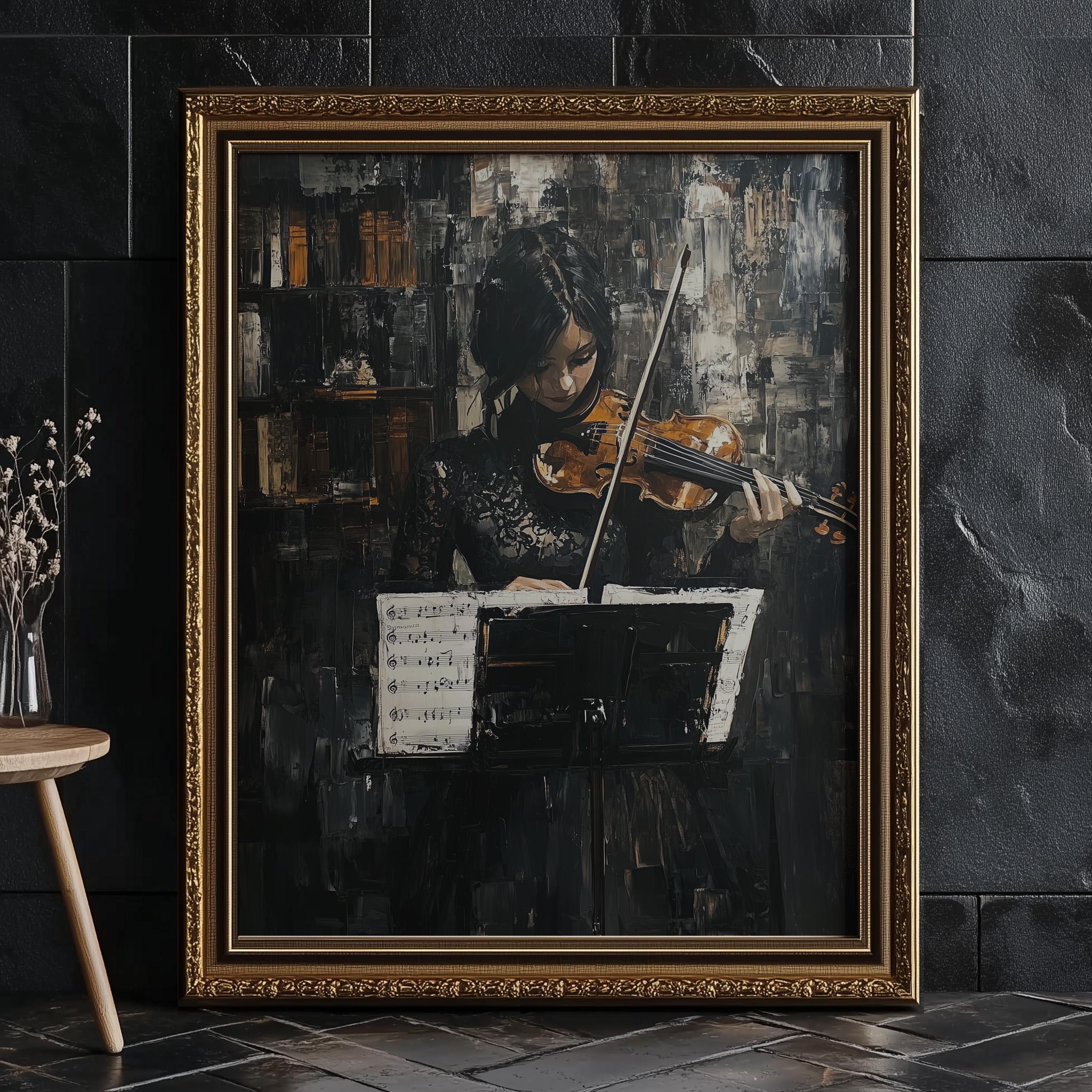 Vintage Victorian Woman Playing Violin, Dark Moody Musical Instrument Painting | Dark Academia Wall Art Decor | Solstice Art Boutique