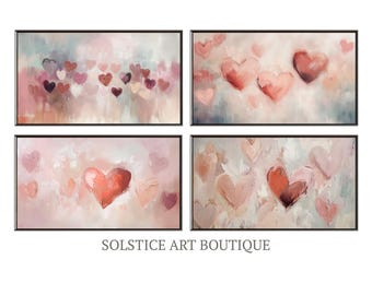 May include: Set of four abstract paintings featuring pink and red hearts on a white background. The paintings are framed in black.