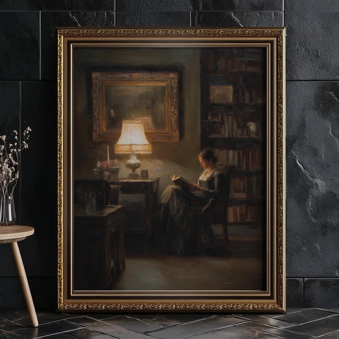 Vintage Painting of Woman Reading Book | Moody Antique Portrait ...