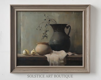Impressão de arte de cozinha temperamental | Pintura a óleo vintage | Natureza morta em vaso | Arte de solstício