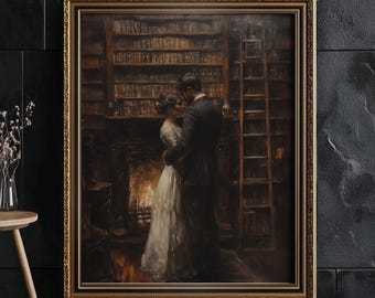 Vintage Victorian Couple In Library, Dark Moody Library Painting | Vintage Romantic Print | Dark Academia Wall Art Decor | Solstice Art