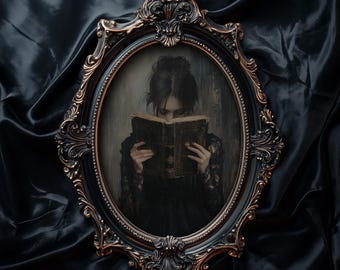 Vintage Victorian Woman Reading A Book, Dark Moody Library Painting | Dark Academia Wall Art Decor