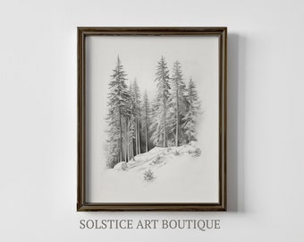 Neutrale boomschets | Vintage dennenboom tekening print | Digitaal AFDRUKBAAR | Solstice Art Boutique