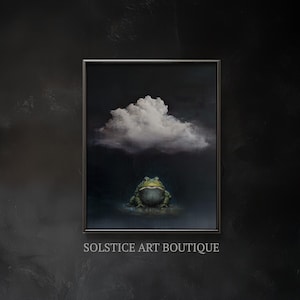 Op de afbeelding: Ingelijst kunstwerk met een groene kikker onder een witte wolk tegen een donkere achtergrond. De kikker is gecentreerd, met de wolk erboven. De tekst "SOLSTICE ART BOUTIQUE" staat onderaan het frame.