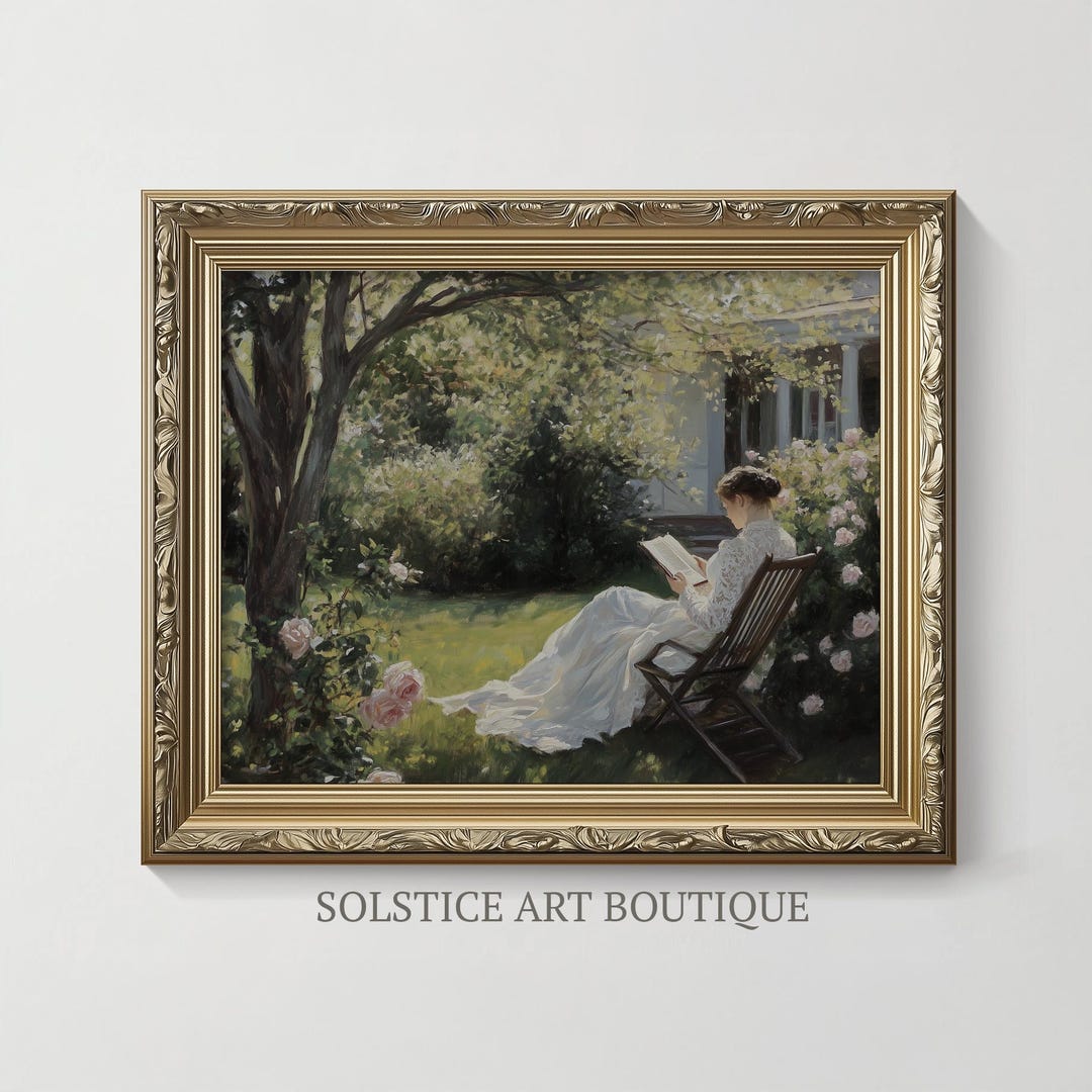Vintage Painting of Woman Reading Book in the Garden | Moody Antique ...