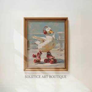 Retro vintage print eend met rolschaatsen op het strand | Vintage muurkunst eend | Leuke zomerse eendprint | Solstice Art Boutique
