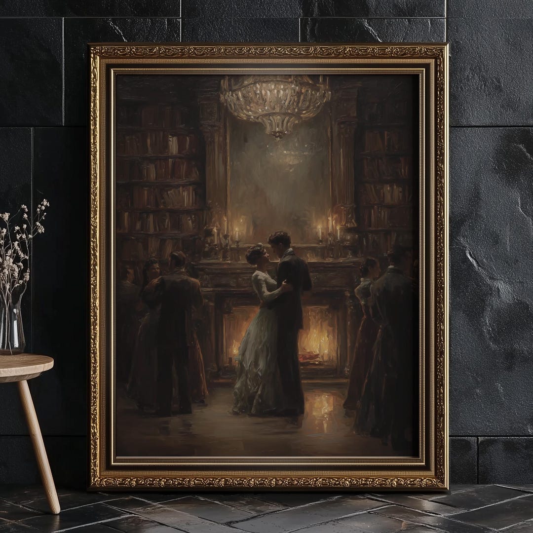 Vintage Victorian Couple in Library, Dark Moody Library Painting ...