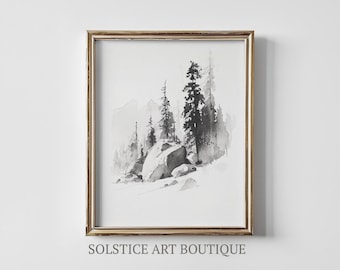 ニュートラルツリースケッチ | ヴィンテージ松の木の絵プリント | デジタル印刷可能 | Solstice Art Boutique