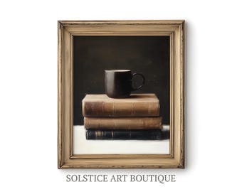 Impressão de arte de cozinha temperamental | Pintura a óleo vintage | Natureza morta de livros e café | Arte do solstício