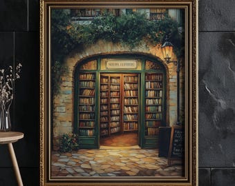 May include: A framed painting of a bookstore with a green door and shelves full of books. The bookstore is located on a cobblestone street with a lamppost and a sign that reads "Jouvence Librarie".