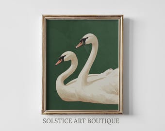 Vintage Swans In Emerald Green | Antique Swans Print | Muted Colors Moody Digital Download | Solstice Art Boutique