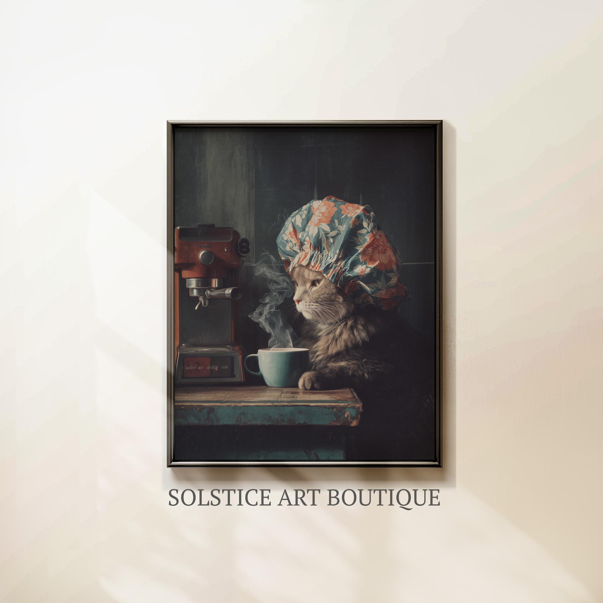 Eclectic Cat Morning Espresso | Vintage Art Retro Funny Cat Making