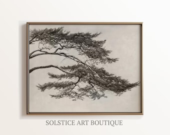 May include: A black and white drawing of a tree branch with a light gray background. The tree branch is in the foreground and is the main focus of the image. The tree branch is drawn in a realistic style and has a lot of detail. The background is a light gray and is blurred.