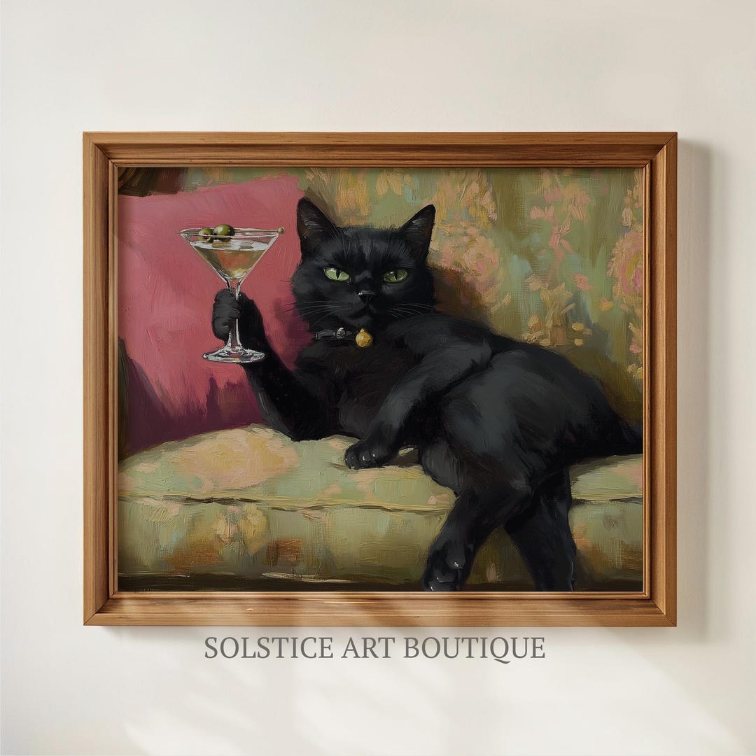 Retro Black Cat With Martini Wall | Cocktail Bar Decor Vintage Oil ...