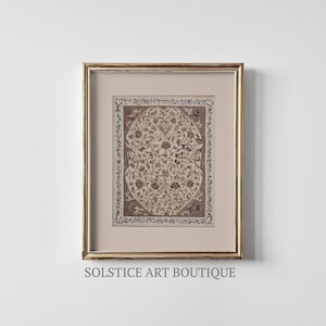 May include: A framed print of a vintage botanical illustration featuring a detailed floral design in shades of brown and cream. The print is surrounded by a decorative border and is set against a white background.
