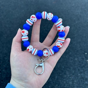 Handmade Patriotic Silicone Beaded Wristlet Keychain - Cute Silicone Beaded Keychain - Beaded Key Ring - Red White and Blue Keychain