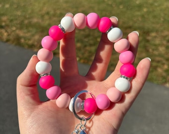 Handmade Pink Silicone Beaded Wristlet Keychain - Cute Wristlet Keychain - Beaded Key Ring - Wristlet Keychain