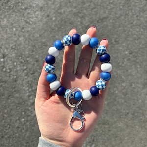 Handmade Silicone Beaded Blue Checkered Wristlet Keychain - Beaded Wristlet Keychain - Cute Checkered Printed Wristlet - Cute Key Ring