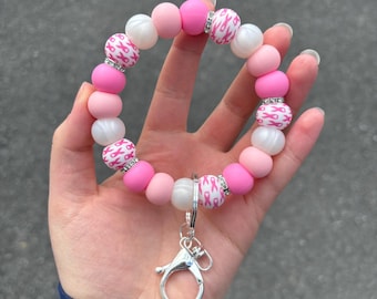 Handmade Silicone Beaded Breast Cancer Awareness Wristlet Keychain - Cute Silicone Beaded Wristlet - Breast Cancer Key Ring - Cute Wristlet