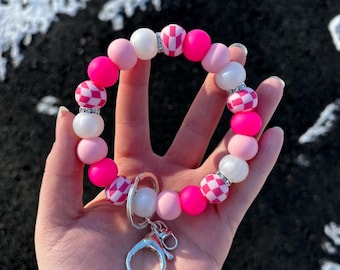 Handmade Hot Pink Checkered Silicone Beaded Wristlet Keychain - Cute Beaded Wristlet Keychain - Hot Pink Key Ring - Checkered Keychain