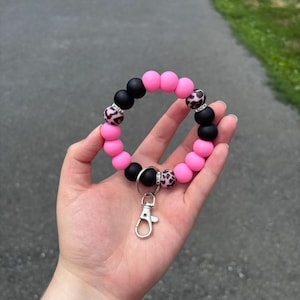 Handmade Silicone Beaded Keychain - Beaded Keychain Wristlet - Cute Leopard Print Wristlet Keychain - Hot Pink Leopard Print Bag Accessory