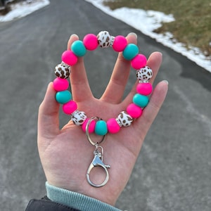 Handmade Silicone Beaded Pink and Teal Cow Print Wristlet Keychain - Cute Cow Print Wristlet Keychain - Beaded Keychain - Western Key Ring