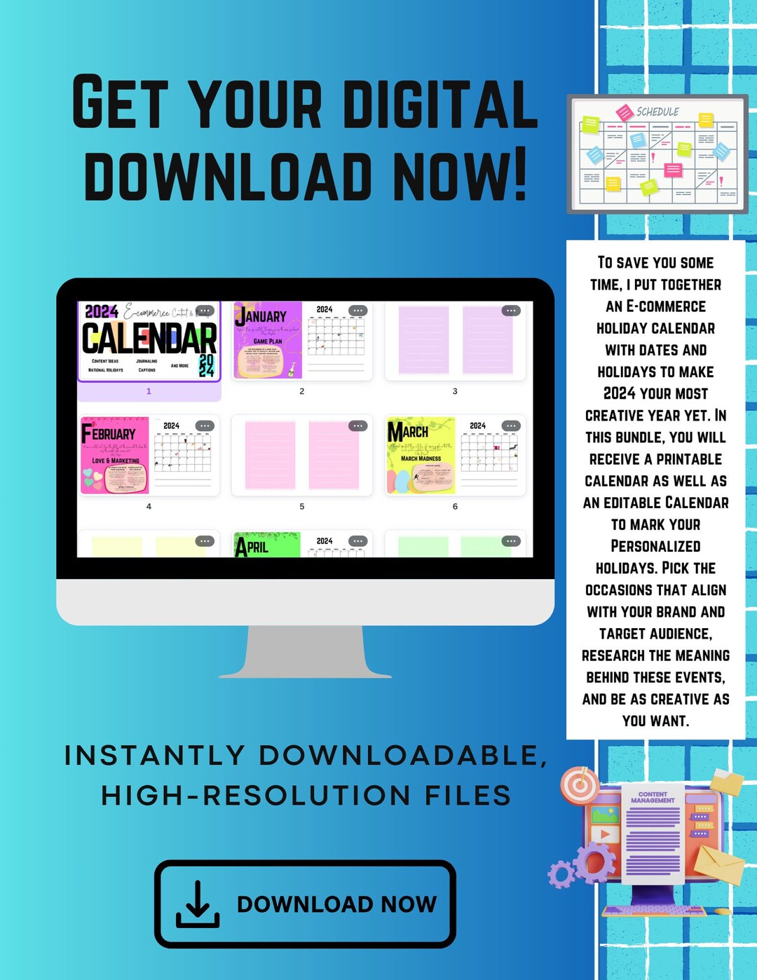 Editable and Printable 2024 E-commerce and Content Calendar for Content