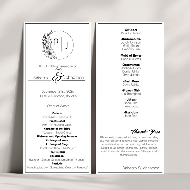 Recessional Message Minimalist Wedding I Monogram Itinerary & Border Wedding Details I Logo ...