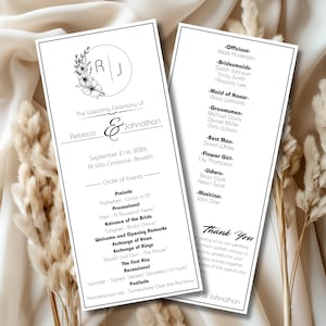 May include: A wedding ceremony order of events card with black text on a white background. The card features the couple's names, Rebecca and Johnathan, and the date and location of the wedding. The order of events includes the prelude, processional, entrance of the bride, welcome and opening remarks, exchange of vows, exchange of rings, the first kiss, recessional, and postlude. The card also includes a thank you message to the guests.