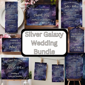 May include: A set of printable wedding stationery featuring a galaxy theme with silver accents. The set includes a welcome sign, table numbers, a menu, a thank you card, and a wedding invitation. The text on the invitation reads "Written in the Constellations, Julia & Mathew, June 31st 2025".