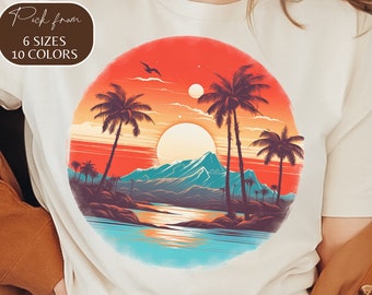 Retro vågig skjorta med solnedgångsstrålar, solskjorta, retro solskenskjorta, solstrålar-t-shirt, strandvibbar-t-shirt, retro sommartid, solnedgångs-t-shirt