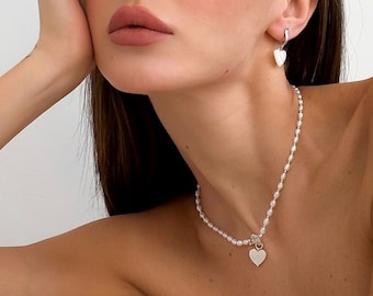 mother of pearl jewelry set, freshwater pearl necklace choker heart pendant, sterling silver heart earrings, bridal wedding jewelry set