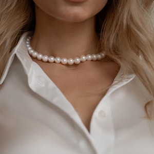 Zierliche echte Perlen Halskette, Sterling Silber Perlen Choker, Klassische Statement Perlen Schmuck, Brautjungfer Süßwasser Perle Choker, Geschenk für Sie