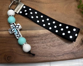 Svart prickig armbandsnyckelring med turkosa och vita pärlor – Faith Cross-berlock för henne