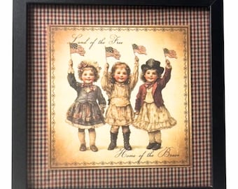 Patriotisk inramad konst, vintage Americana barnhylladekor (20x20 cm)