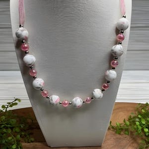 Pink Floral Beaded Ribbon Necklace: Handmade Romantic Jewelry