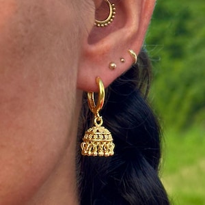 Boucles D'oreilles Jhumki Clochette Rondes Plaqué Or - Style Bohème Ethnique Vintage, Pompons, Longueur ~3 Cm