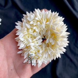 Op de afbeelding: Een rond haaraccessoire met dichte lagen kleine, puntige witte blaadjes in een bloemvorm. Het midden toont een lichtgele, geweven mesh basis. De tekst BARAKAH JEWELRY is in het zwart onderaan op het accessoire gedrukt.