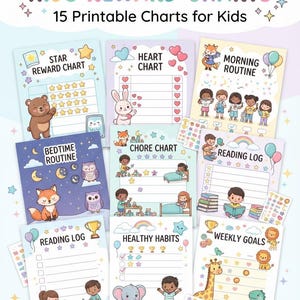 Peut inclure: Une collection de 15 tableaux de récompenses imprimables pour enfants avec des illustrations colorées d'animaux et d'enfants. Les tableaux incluent des titres comme Star Reward Chart, Heart Chart, Morning Routine, Bedtime Routine, Chore Chart, Reading Log, Healthy Habits et Weekly Goals avec diverses grilles de suivi et cases à cocher.
