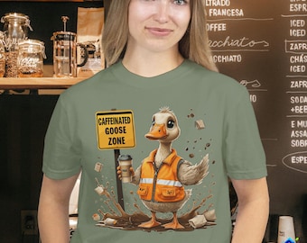 Caffeinated Goose Zone Funny Coffee T-Shirt – Barista Humor Tee with Goose in Safety Vest – Comfort Colors Shirt for Coffee Lovers