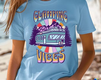 Retro Glamping Vibes T-Shirt for Women on Comfort Colors Moss | Vintage Camper Tee | Outdoorsy Shirt for Campers and RV Travel Lovers