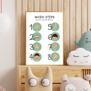 Wudu-gids stap voor stap poster, kinderkamer islamitische muurkunst, Wudu-stappen voor kinderen afdrukbaar, islamitisch leren voor moslims