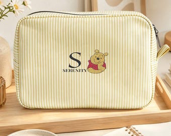 Disney Winnie the Pooh Embroidered Cotton Seersucker Striped Makeup Bag Cosmetic Pouch