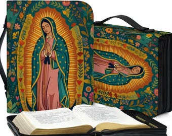 Our Lady of Guadalupe Bible Cover, Virgin Mary Bible Case with Handle, Catholic Gifts for Women, Floral Mexican Folk Art Religious Book Bag